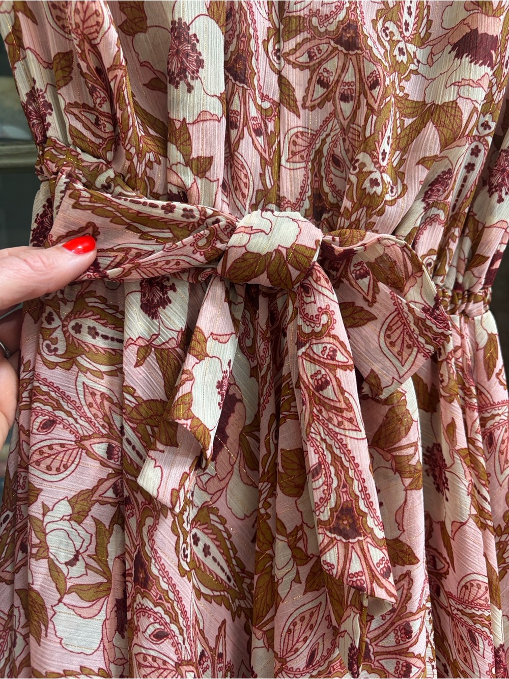 Misa Los Angeles Pink Paisley Tie-Waist Midi Dress with Olive Accents